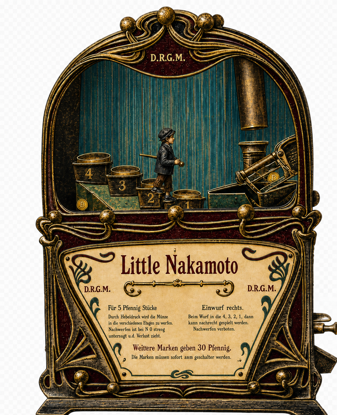 Little Nakamoto terrace coin-launching machine with ornate iron cabinet and four playfield pots