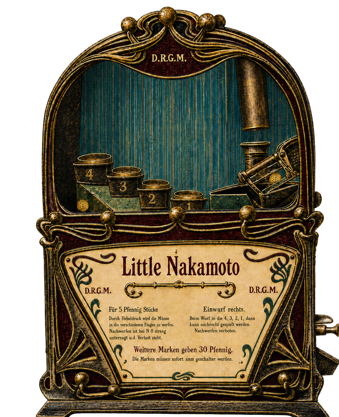 Little Nakamoto coin-launching machine with ornate iron cabinet and four buckets